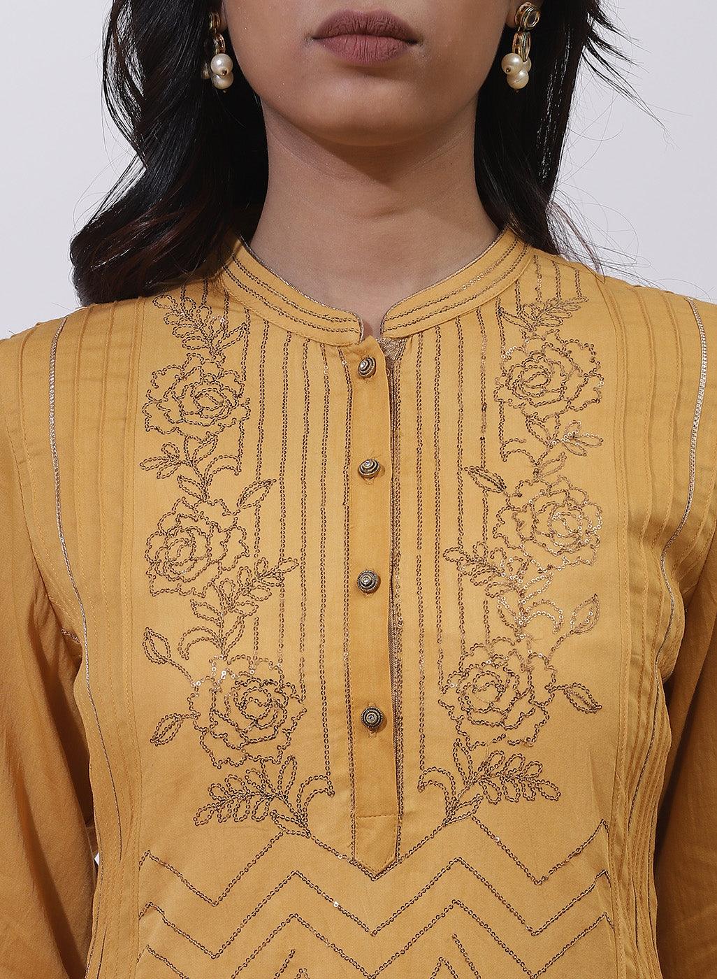 Mustard Sequins Work Pleated Kurta - Lakshita