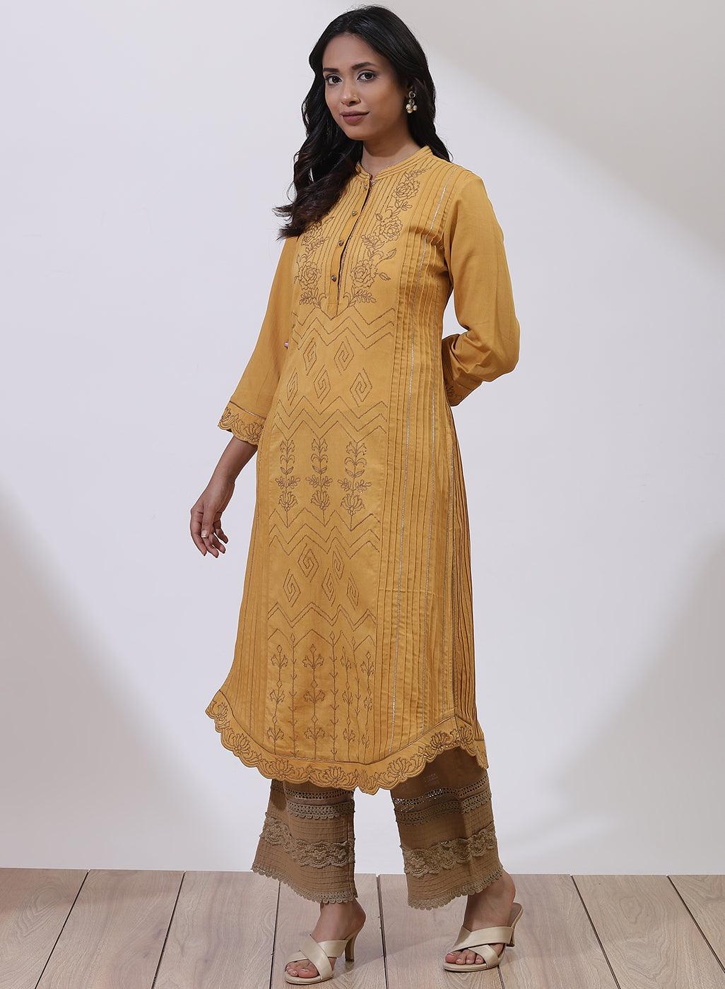 Mustard Sequins Work Pleated Kurta - Lakshita