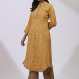 Mustard Sequins Work Pleated Kurta - Lakshita