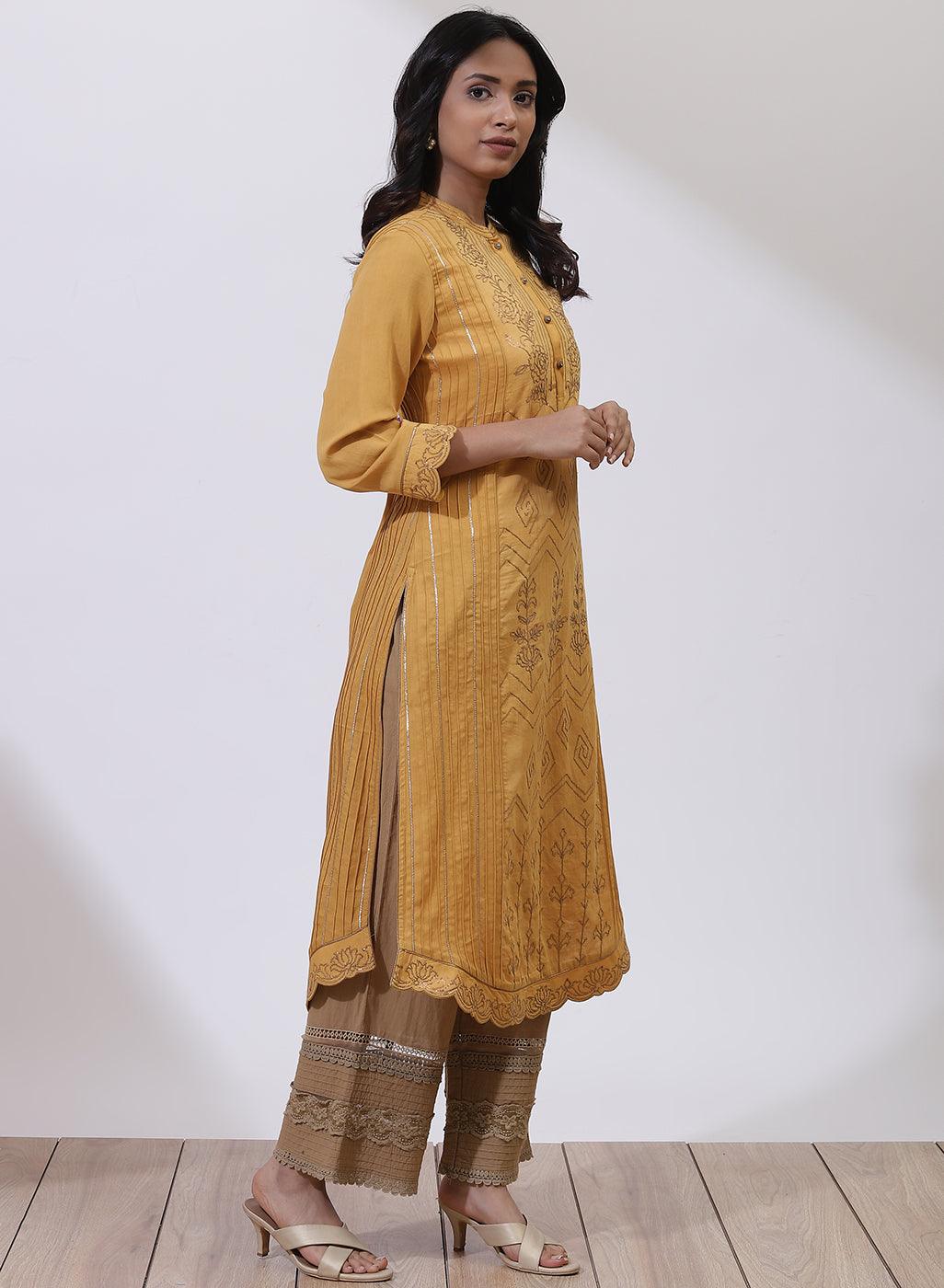 Mustard Sequins Work Pleated Kurta - Lakshita