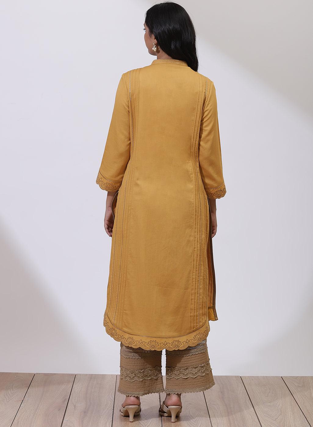 Mustard Sequins Work Pleated Kurta - Lakshita