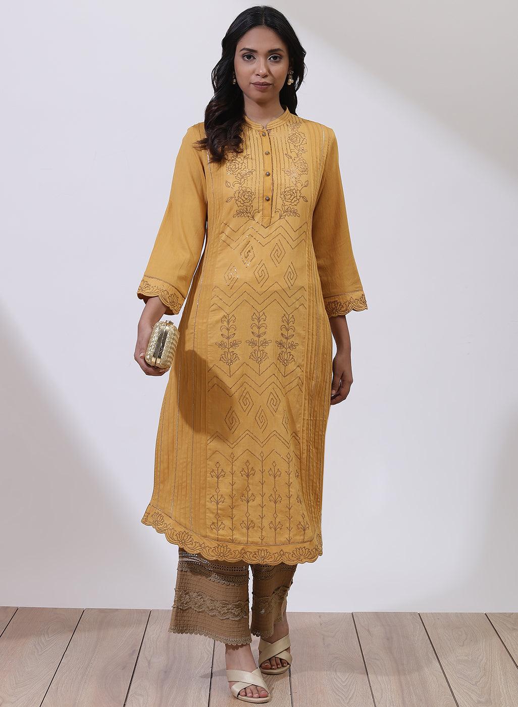 Mustard Sequins Work Pleated Kurta - Lakshita