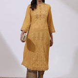 Mustard Sequins Work Pleated Kurta - Lakshita