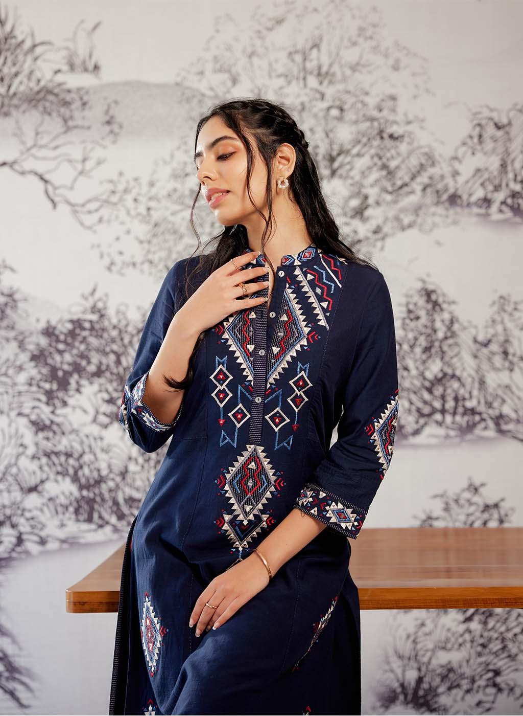 Navy Blue Long Straight Cotton Kurta with Geometrical Motif Embroidery - Lakshita