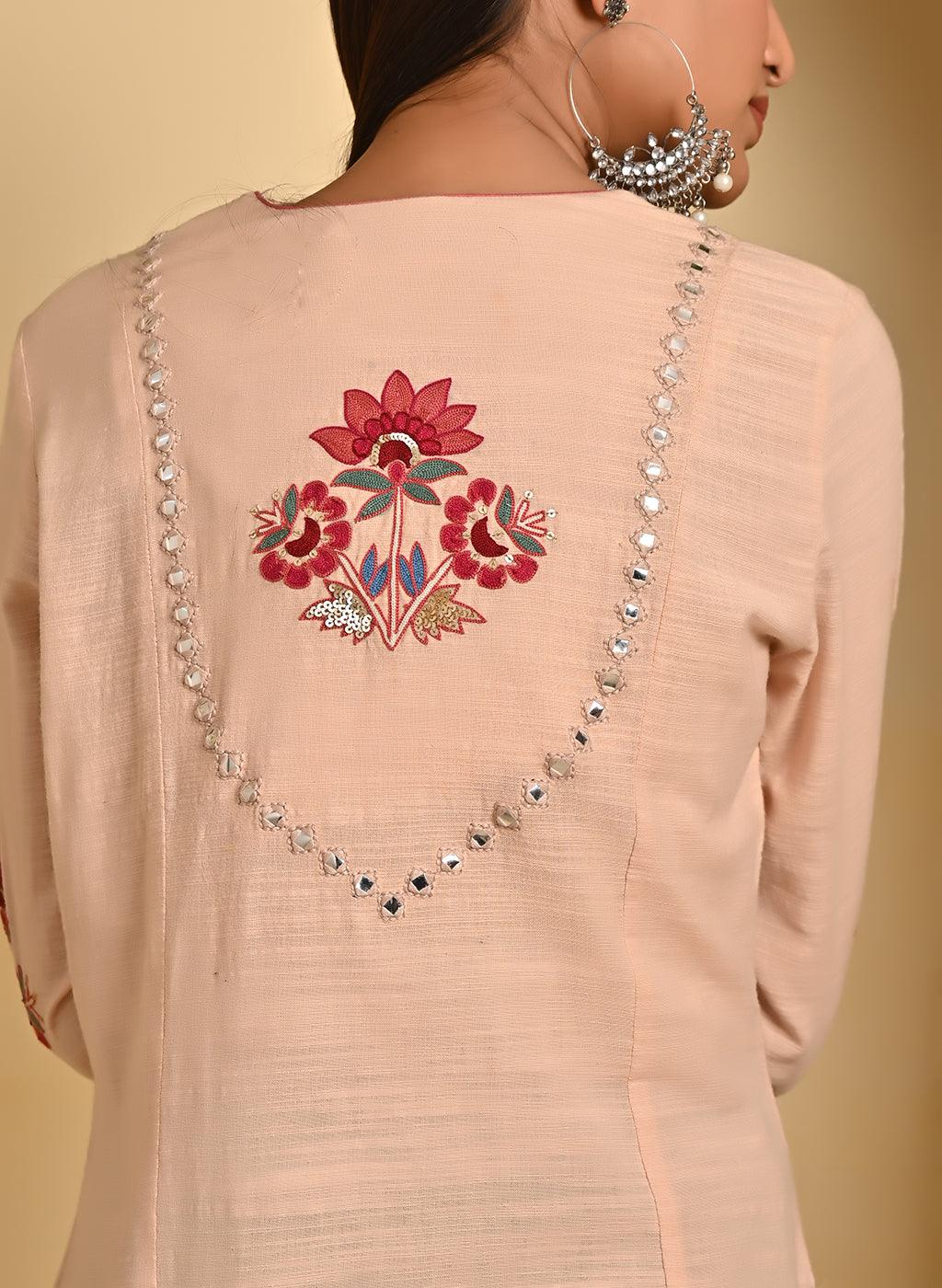 Pink Cotton Kurta with Mirror Work and 3/4th Sleeves - Lakshita