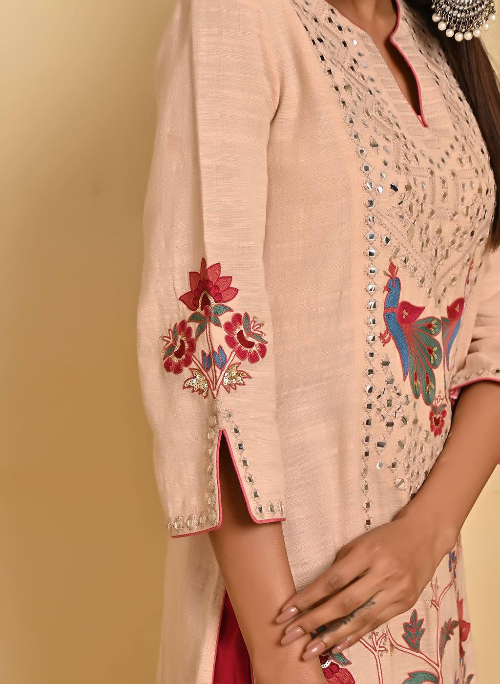 Pink Cotton Kurta with Mirror Work and 3/4th Sleeves - Lakshita