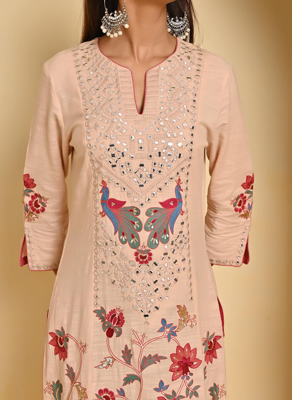 Pink Cotton Kurta with Mirror Work and 3/4th Sleeves - Lakshita