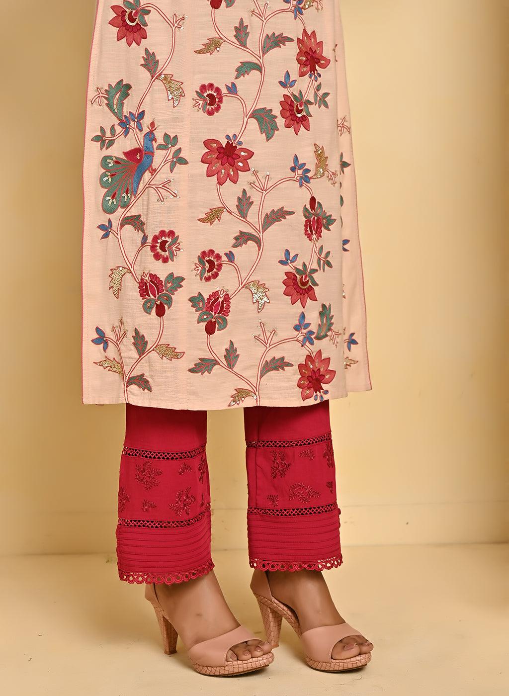 Pink Cotton Kurta with Mirror Work and 3/4th Sleeves - Lakshita