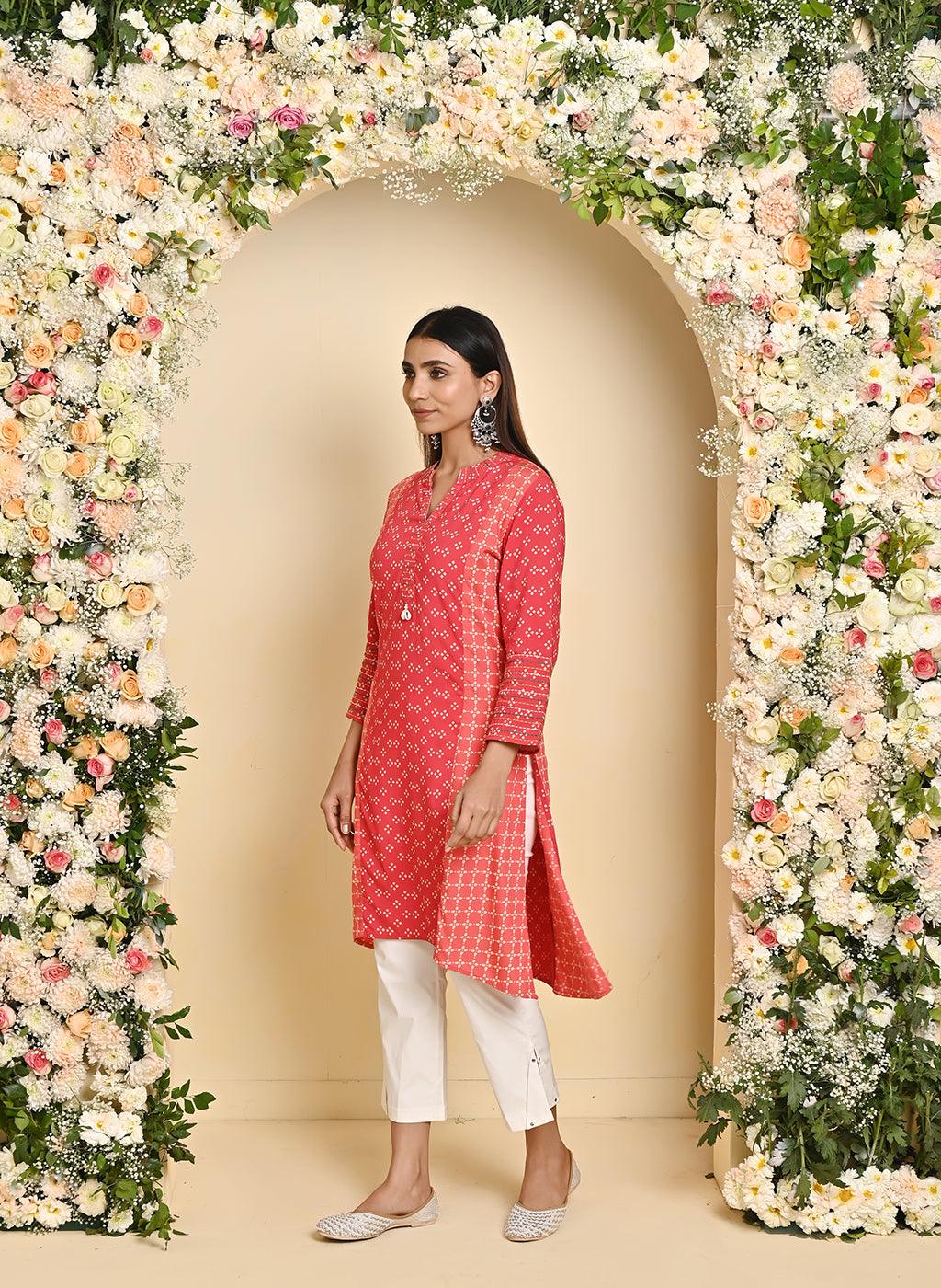 Orange Printed Kurta with Threadwork and 3/4th Sleeves - Lakshita