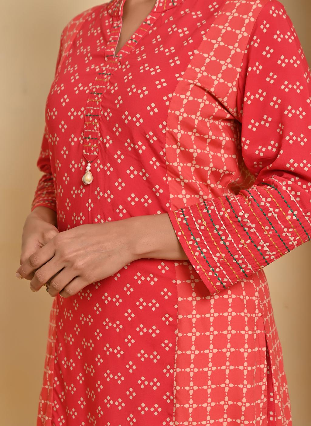 Orange Printed Kurta with Threadwork and 3/4th Sleeves - Lakshita