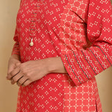 Orange Printed Kurta with Threadwork and 3/4th Sleeves - Lakshita