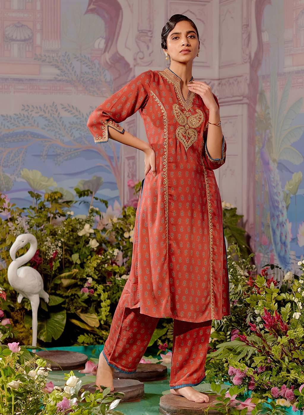 Rust Printed Kurta Set with Paisley Sequins Work - Lakshita