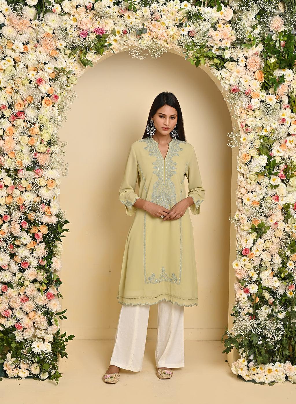 Green Embroidered Double Layered Straight Kurta - Lakshita