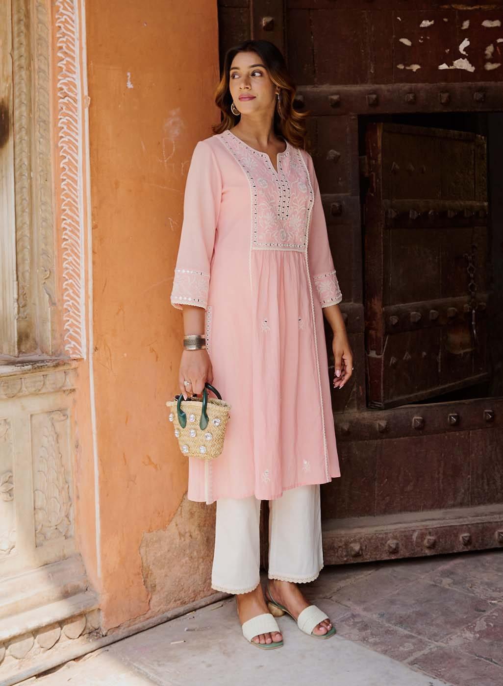 Peach A Line Embroidered Kurta with 3/4th Sleeves - Lakshita