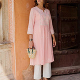Peach A Line Embroidered Kurta with 3/4th Sleeves - Lakshita