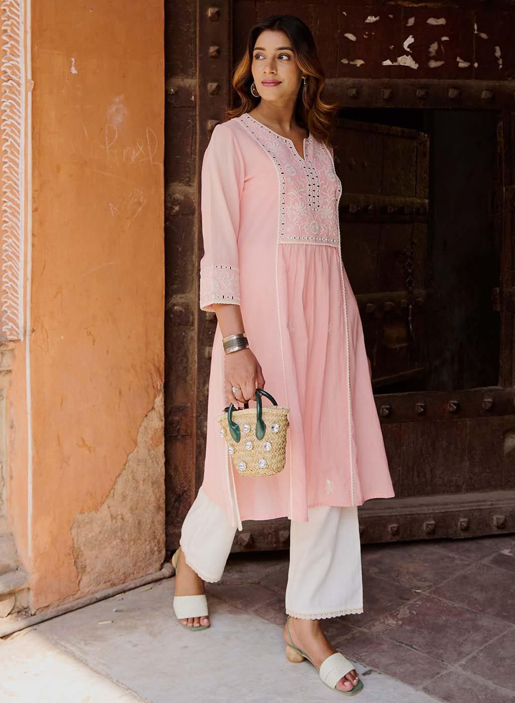 Peach A Line Embroidered Kurta with 3/4th Sleeves - Lakshita