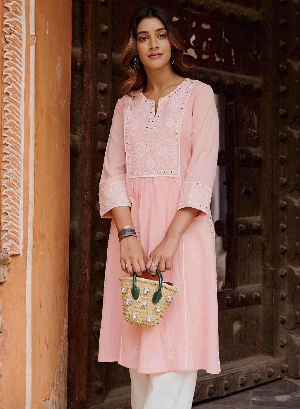 Peach A Line Embroidered Kurta with 3/4th Sleeves - Lakshita