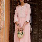 Peach A Line Embroidered Kurta with 3/4th Sleeves - Lakshita