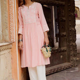 Peach A Line Embroidered Kurta with 3/4th Sleeves - Lakshita