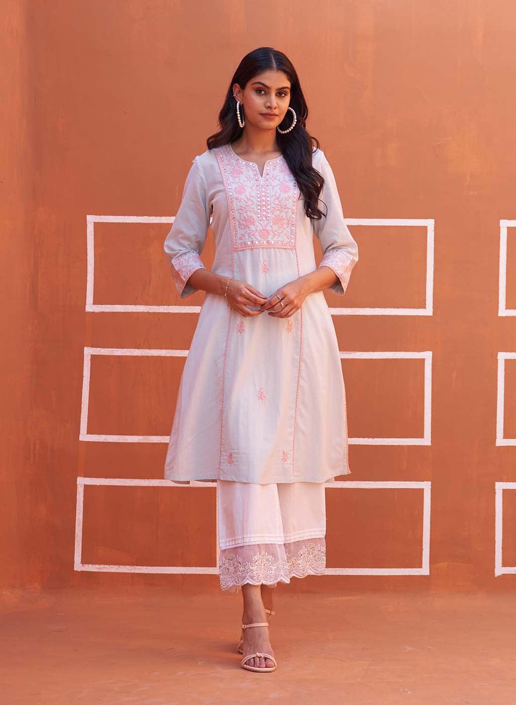 Spa Blue A Line Embroidered Kurta with 3/4th Sleeves - Lakshita