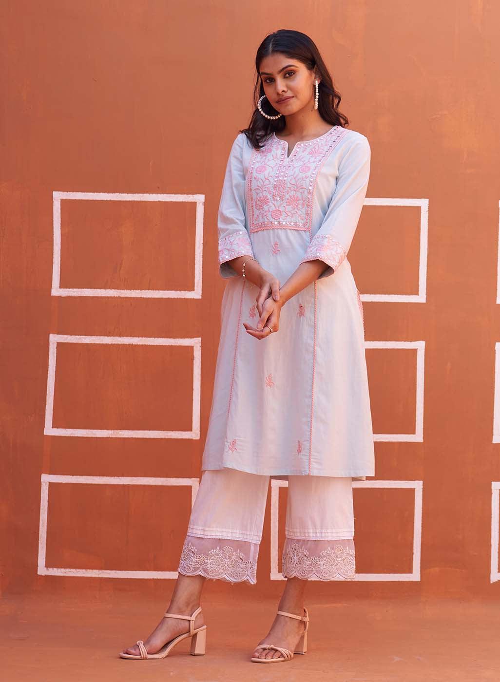 Spa Blue A Line Embroidered Kurta with 3/4th Sleeves - Lakshita