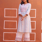 Spa Blue A Line Embroidered Kurta with 3/4th Sleeves - Lakshita