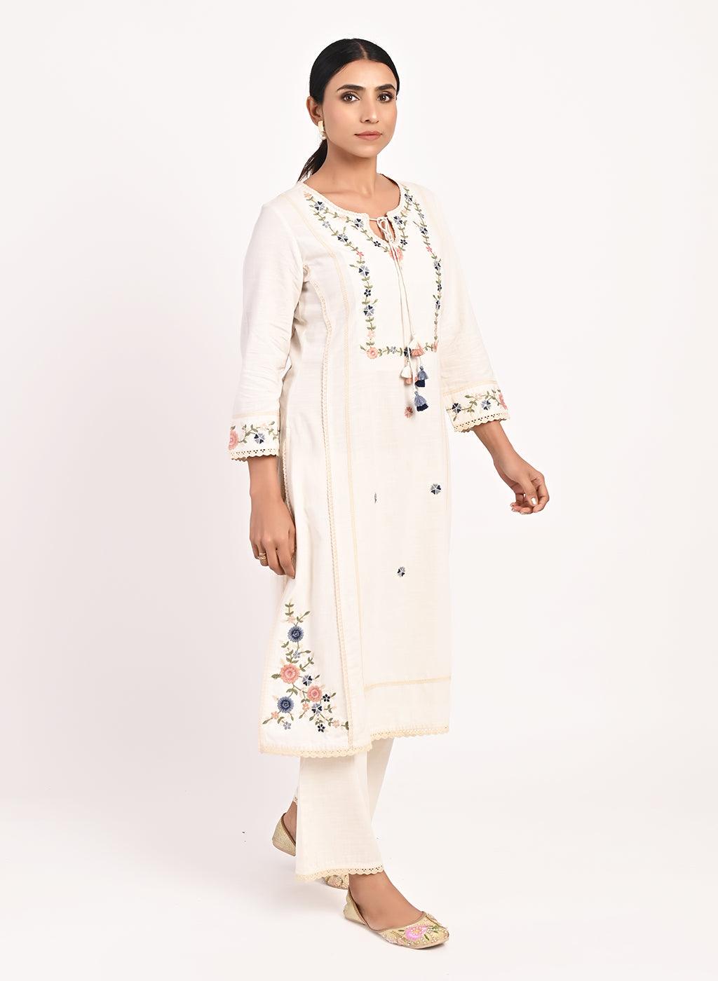 Ivory Embroidered Straight-fit Cotton Kurta Set - Lakshita