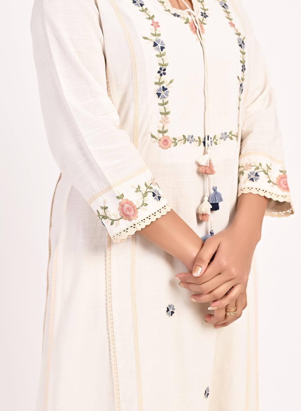 Ivory Embroidered Straight-fit Cotton Kurta Set - Lakshita