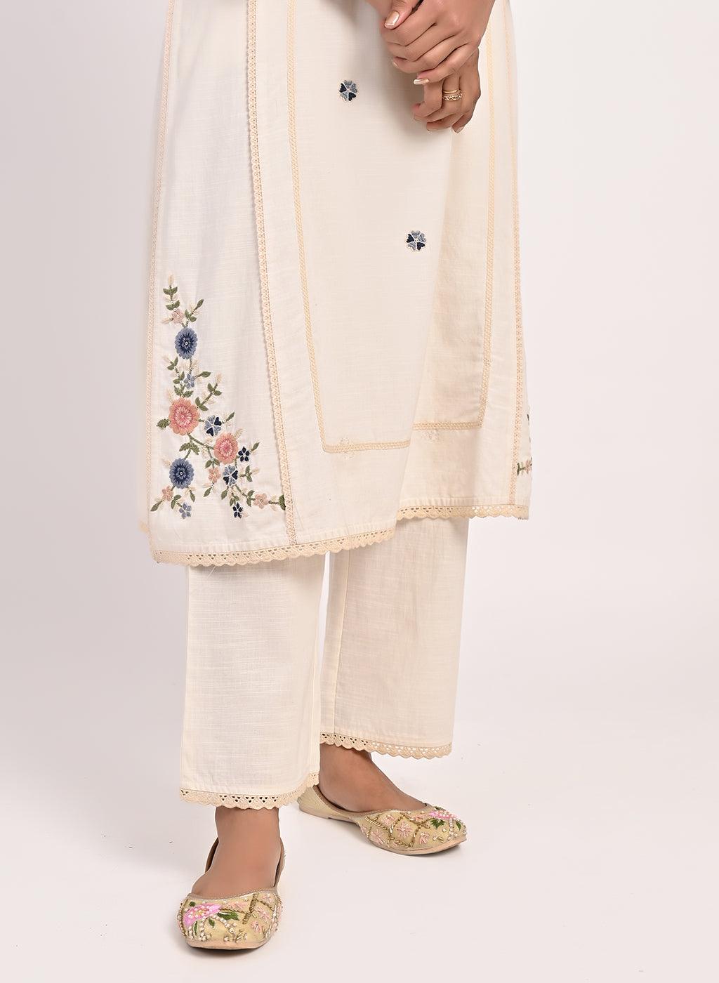 Ivory Embroidered Straight-fit Cotton Kurta Set - Lakshita