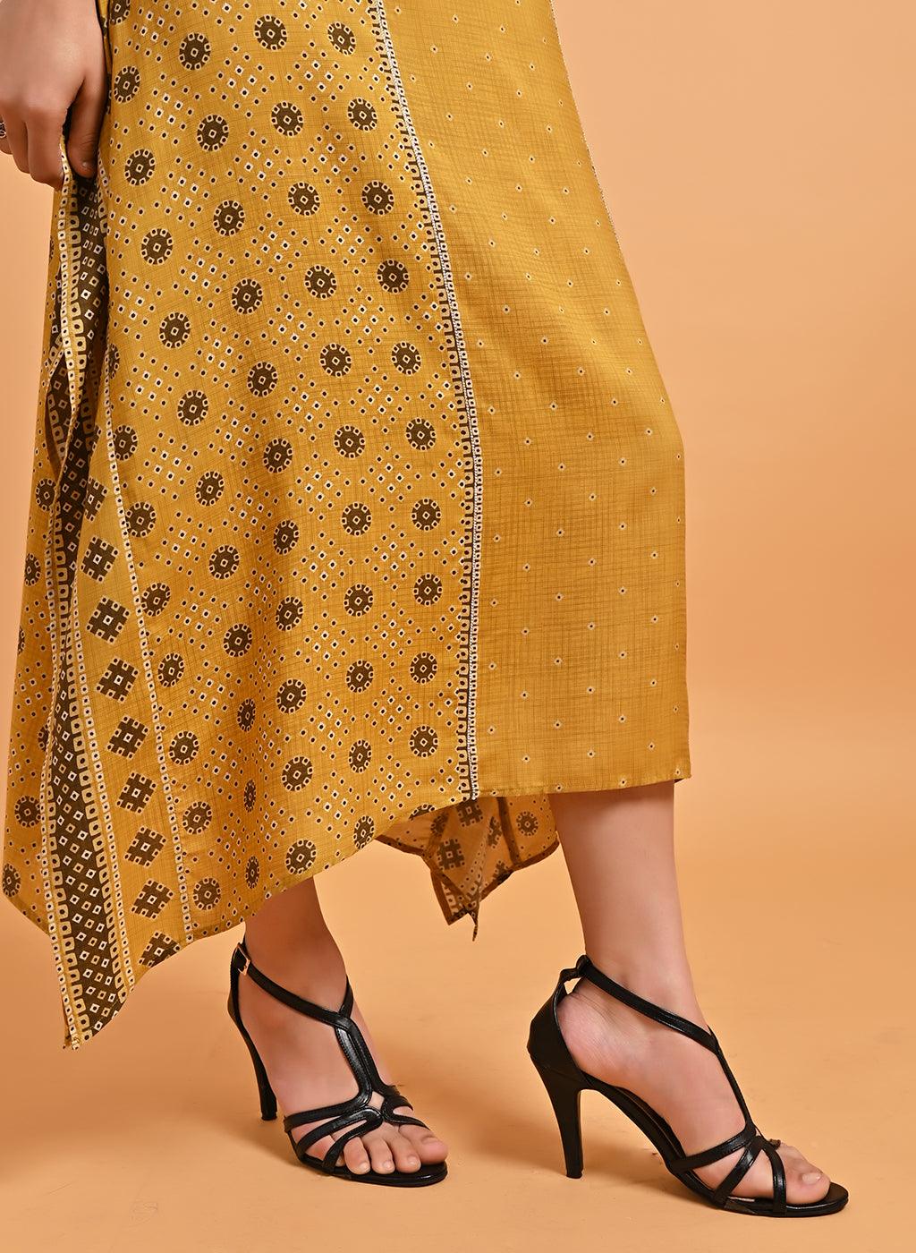 Spicy Mustard Printed Straight Kaftan - Lakshita