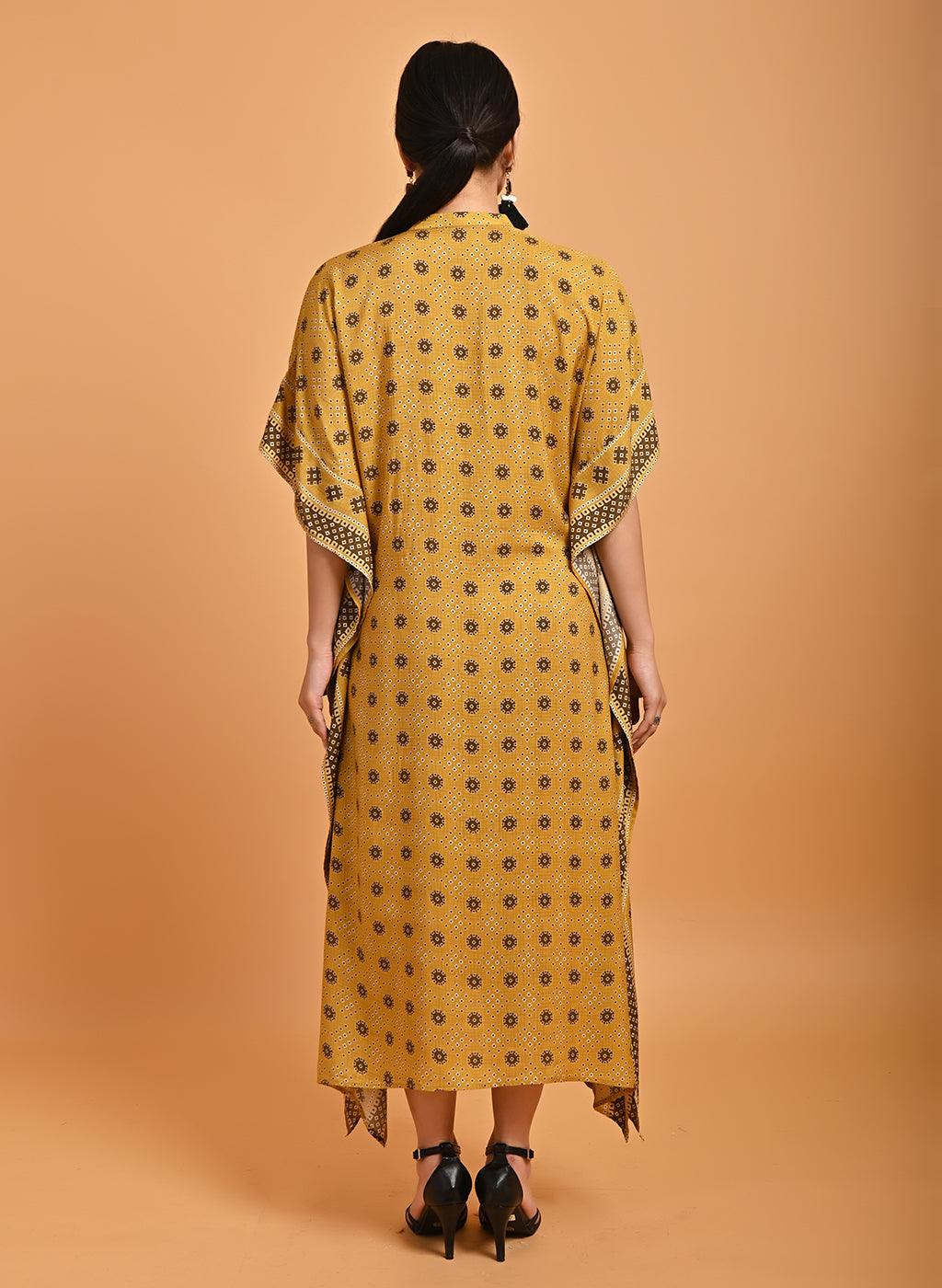 Spicy Mustard Printed Straight Kaftan - Lakshita