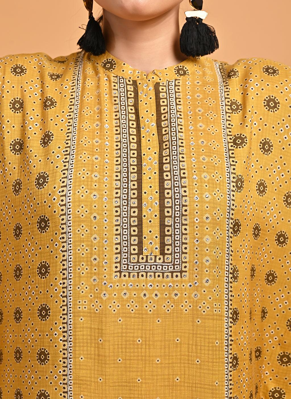 Spicy Mustard Printed Straight Kaftan - Lakshita