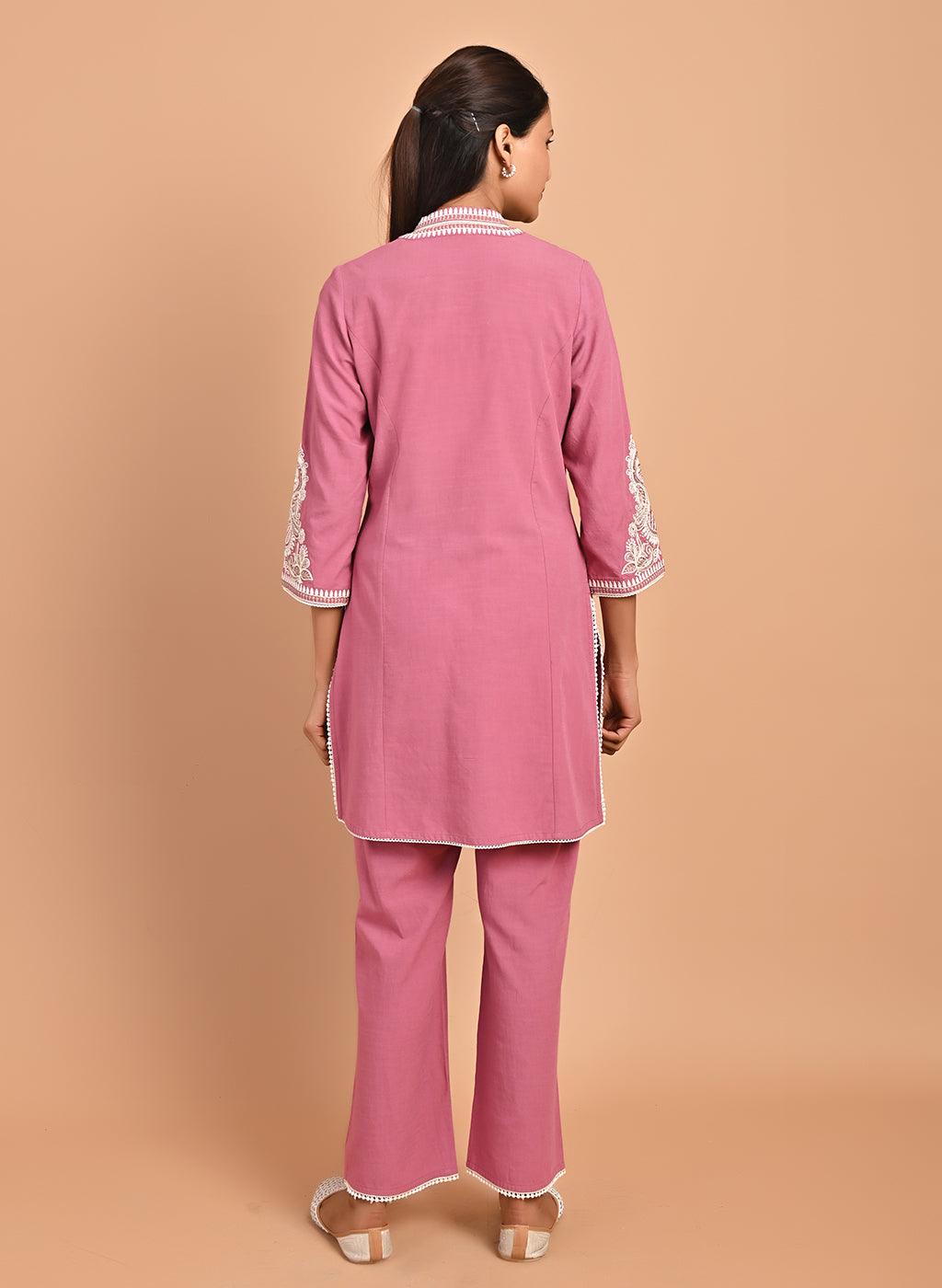 Dry Rose A-line Embroidered Georgette Kurta Set for Women - Lakshita