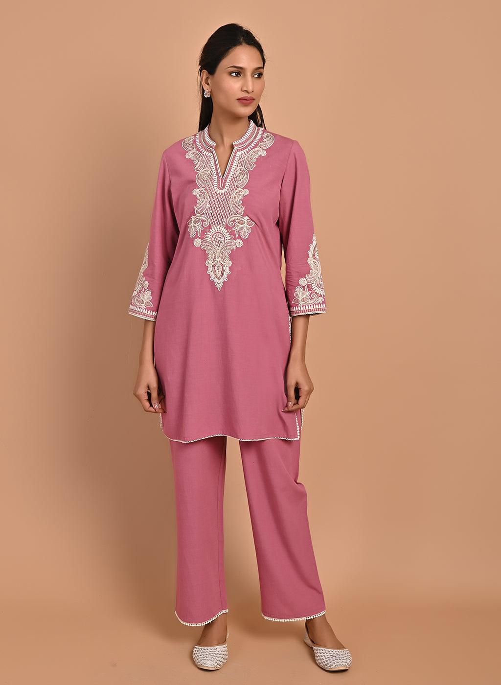 Dry Rose A-line Embroidered Georgette Kurta Set for Women - Lakshita