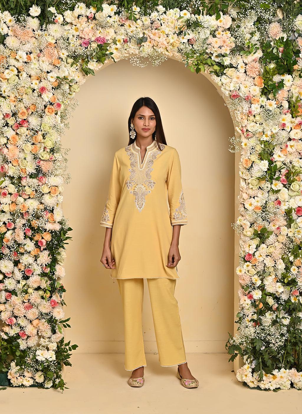 Yellow A-line Embroidered Georgette Kurta Set for Women - Lakshita