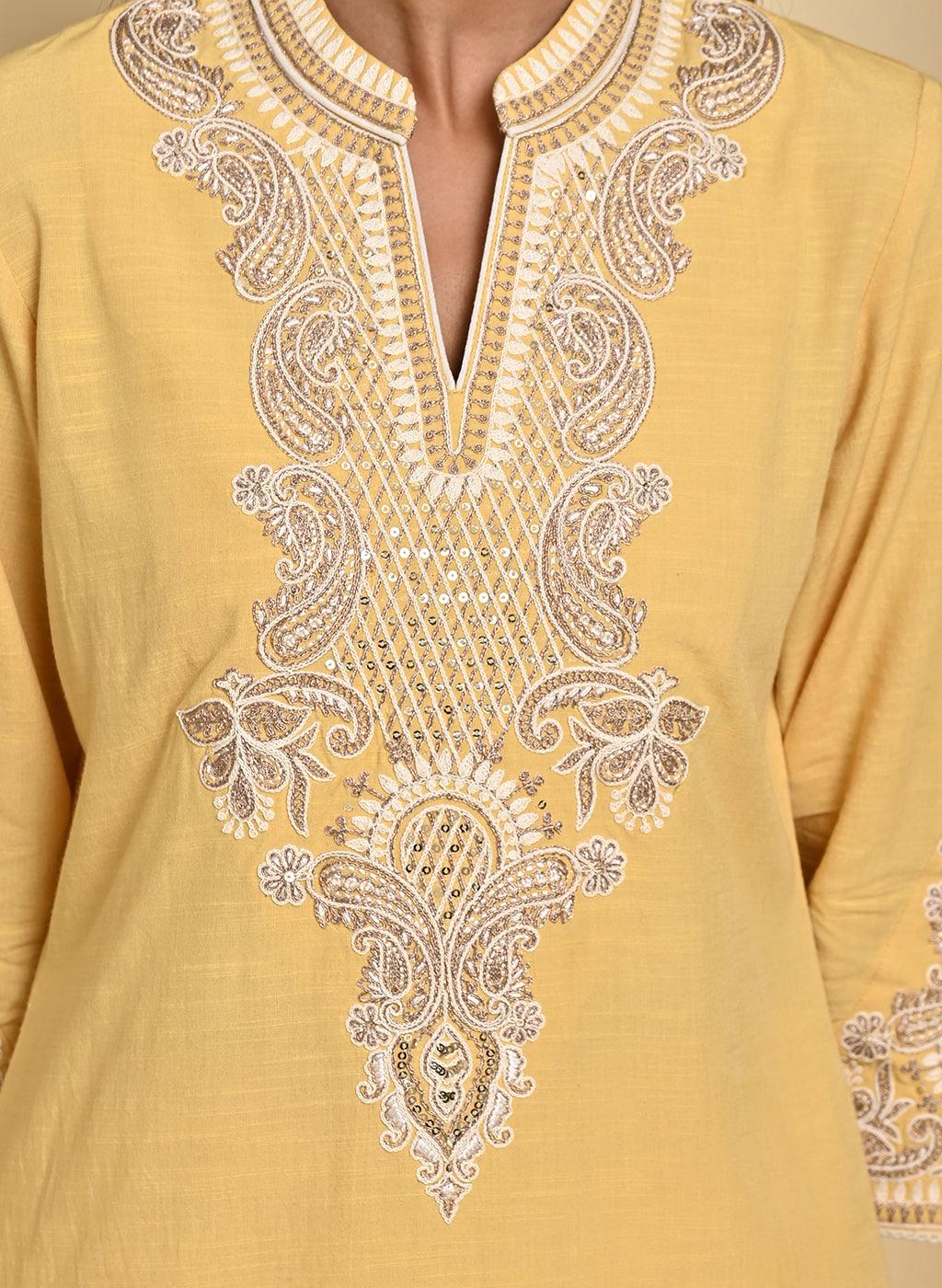 Yellow A-line Embroidered Georgette Kurta Set for Women - Lakshita