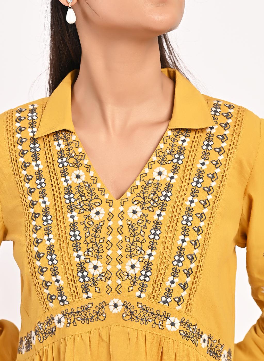 Mustard Thigh-length Boho Top with Collar and Full Sleeves - Lakshita