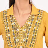 Mustard Thigh-length Boho Top with Collar and Full Sleeves - Lakshita