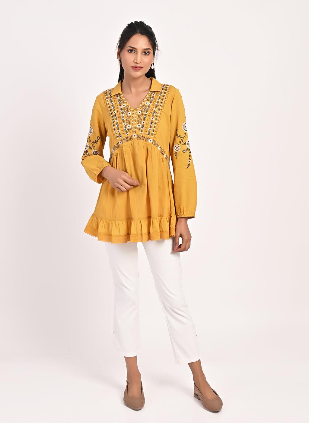 Mustard Thigh-length Boho Top with Collar and Full Sleeves - Lakshita