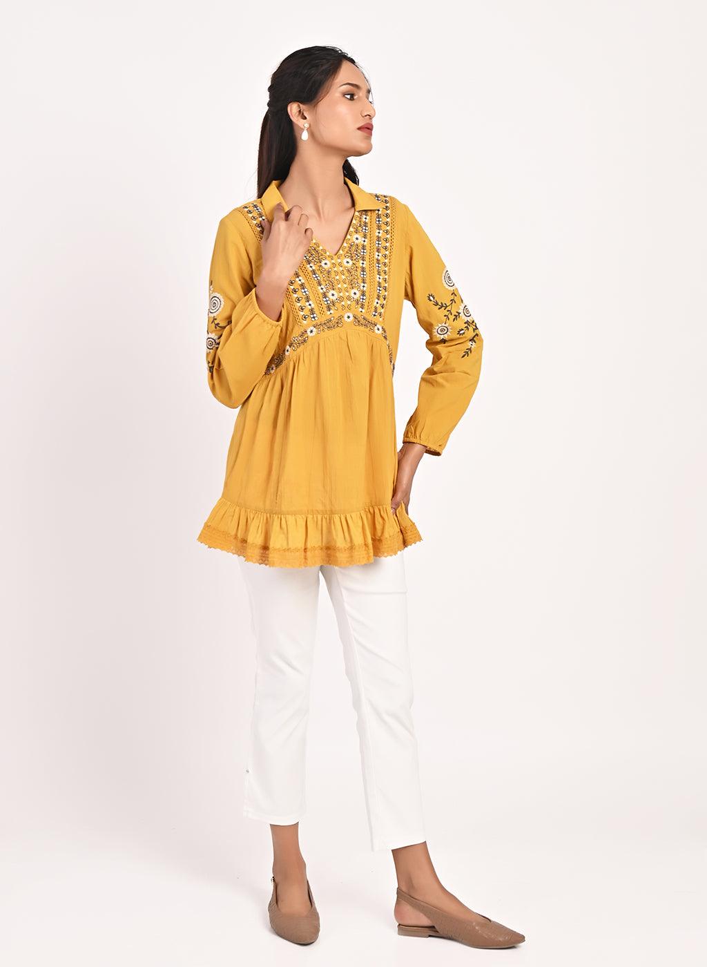 Mustard Thigh-length Boho Top with Collar and Full Sleeves - Lakshita