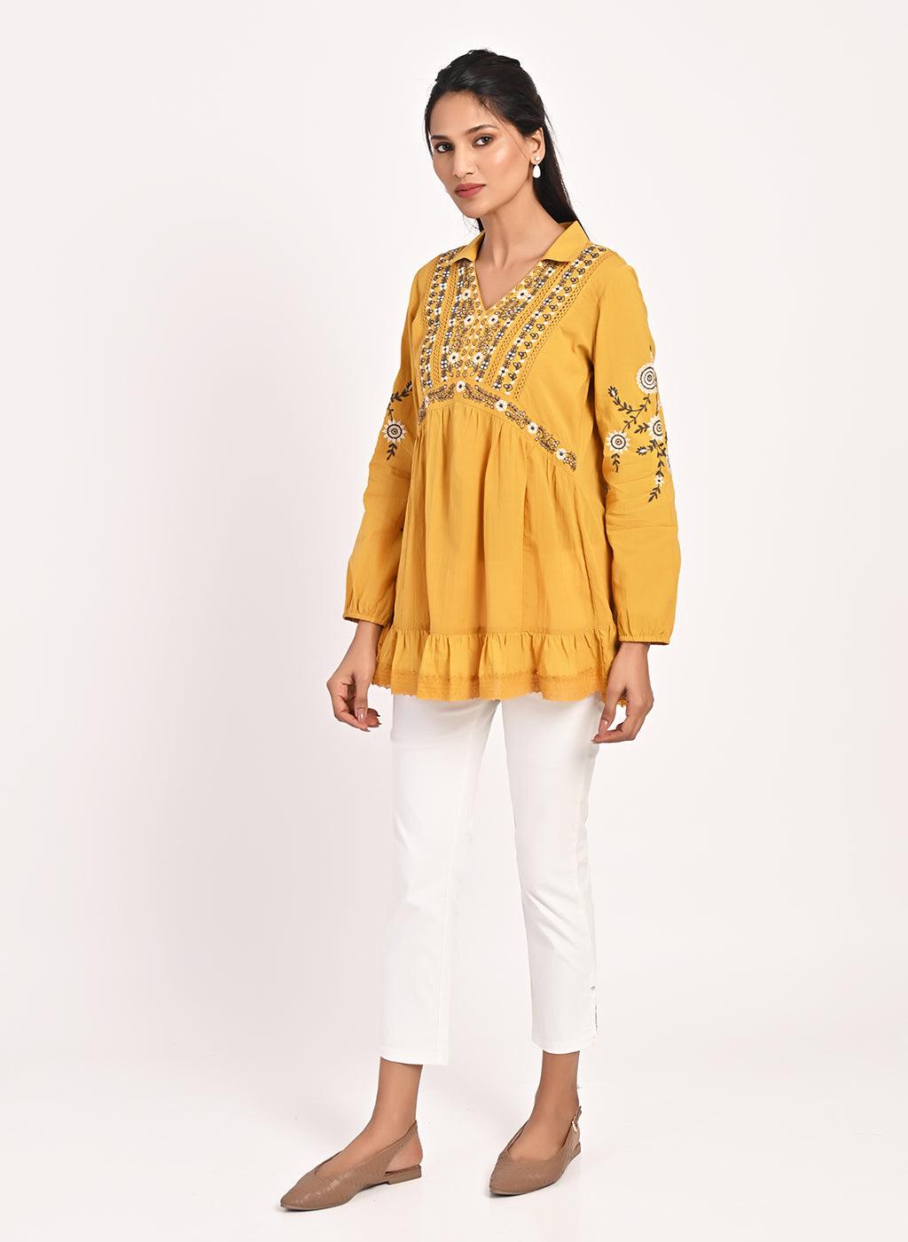 Mustard Thigh-length Boho Top with Collar and Full Sleeves - Lakshita