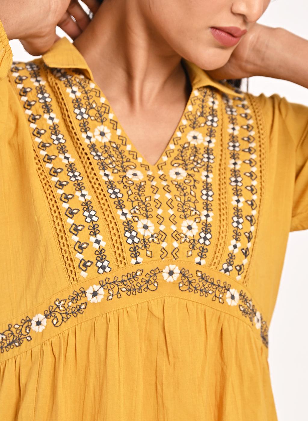 Mustard Thigh-length Boho Top with Collar and Full Sleeves - Lakshita