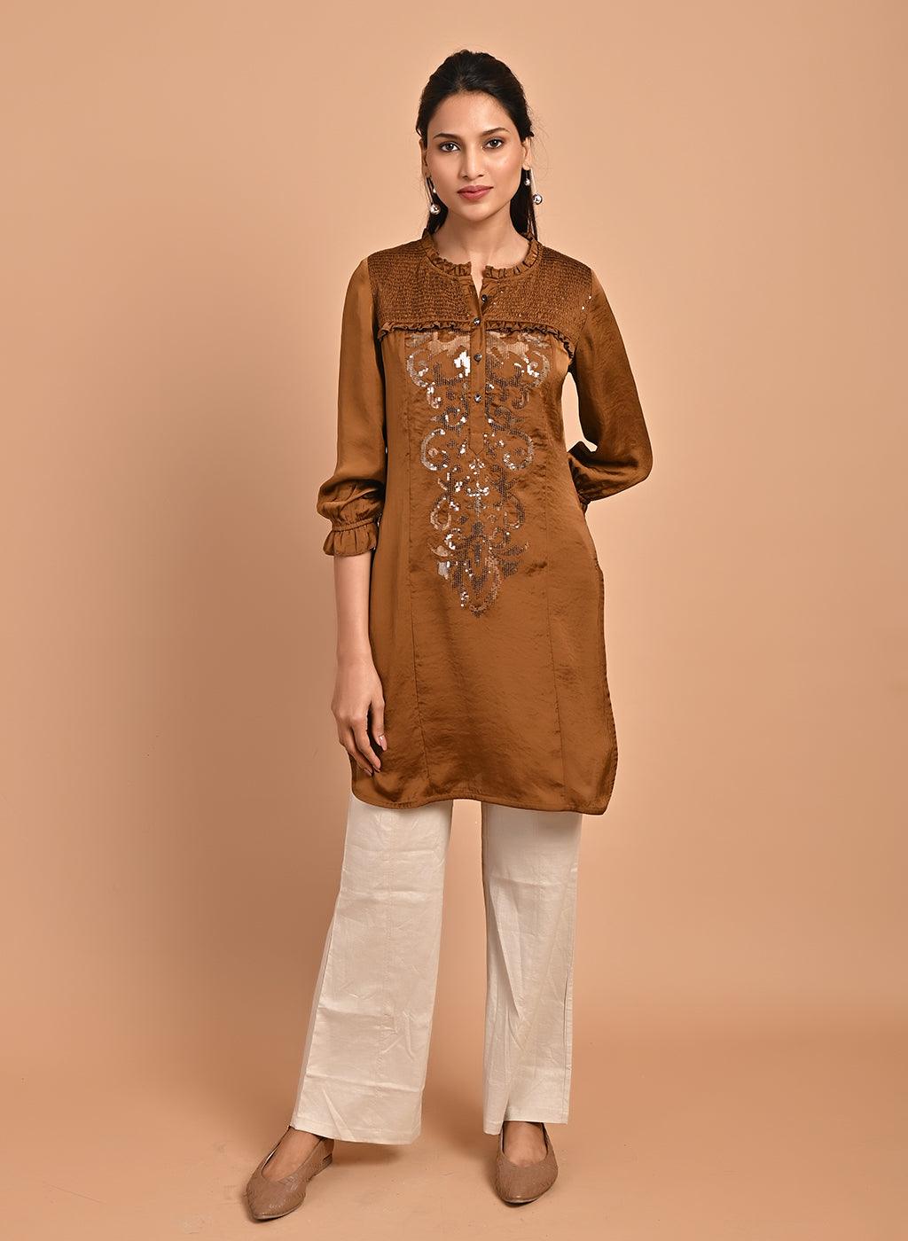 Gold Satin Kurti with Sequin Work and Puff Sleeves - Lakshita