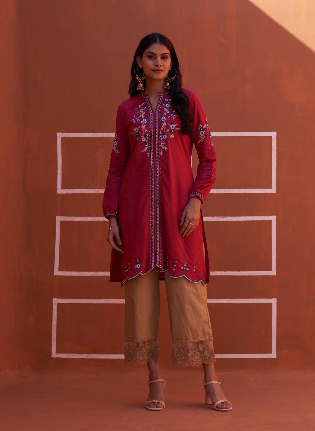 Pink Embroidered Kurta for Women with Puffed Sleeves - Lakshita