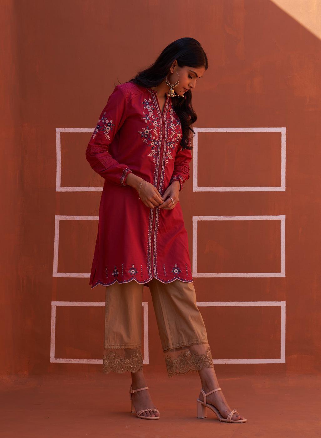 Pink Embroidered Kurta for Women with Puffed Sleeves - Lakshita