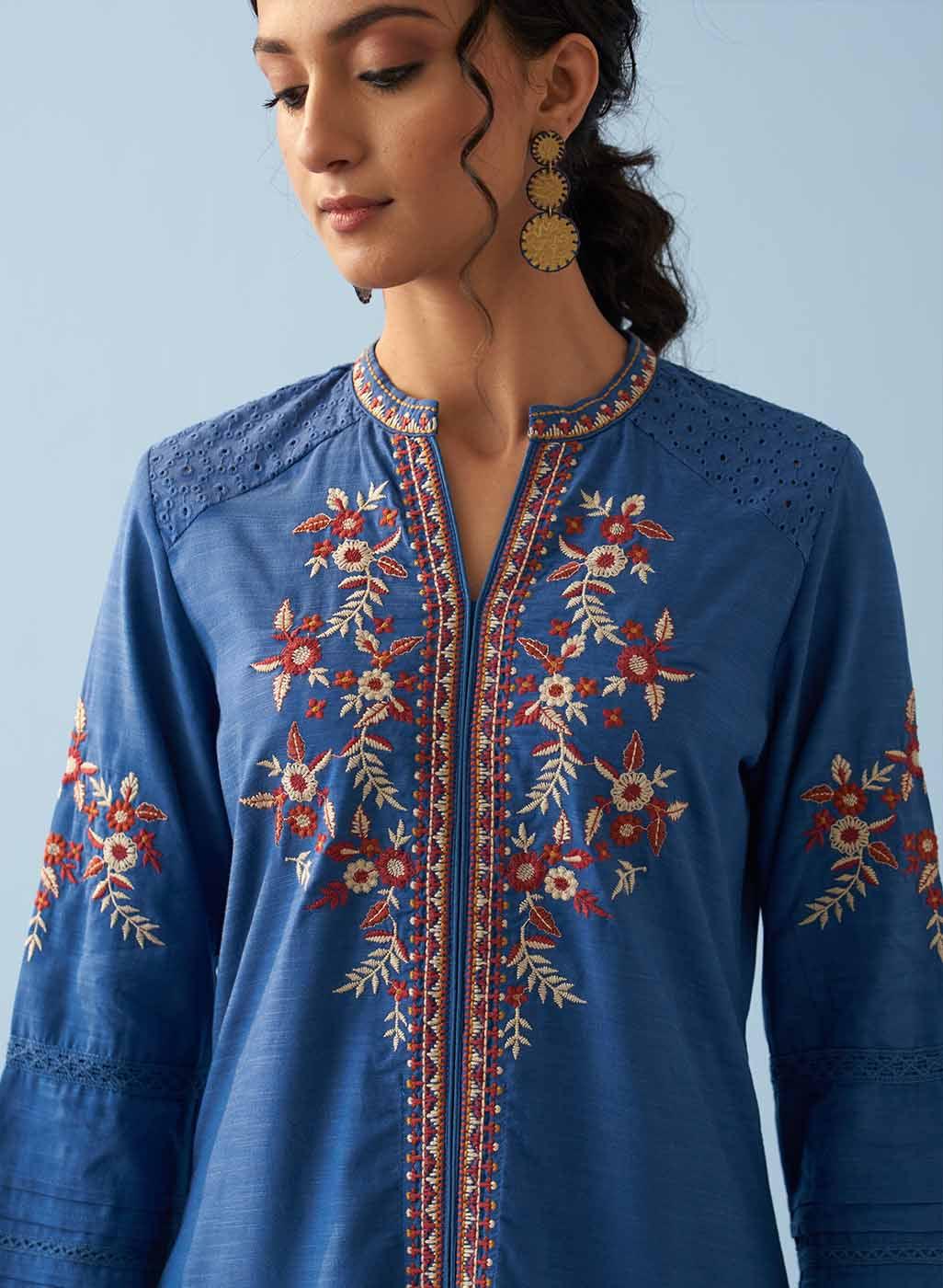 Classic Blue Embroidered Kurta for Women with Puffed Sleeves - Lakshita