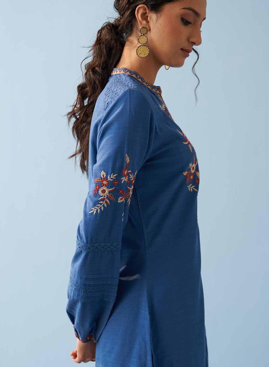 Classic Blue Embroidered Kurta for Women with Puffed Sleeves - Lakshita