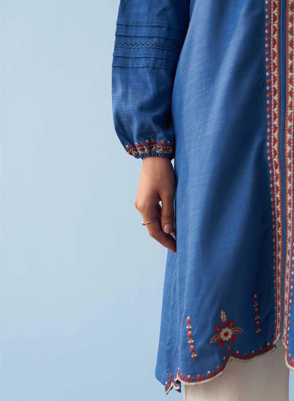 Classic Blue Embroidered Kurta for Women with Puffed Sleeves - Lakshita