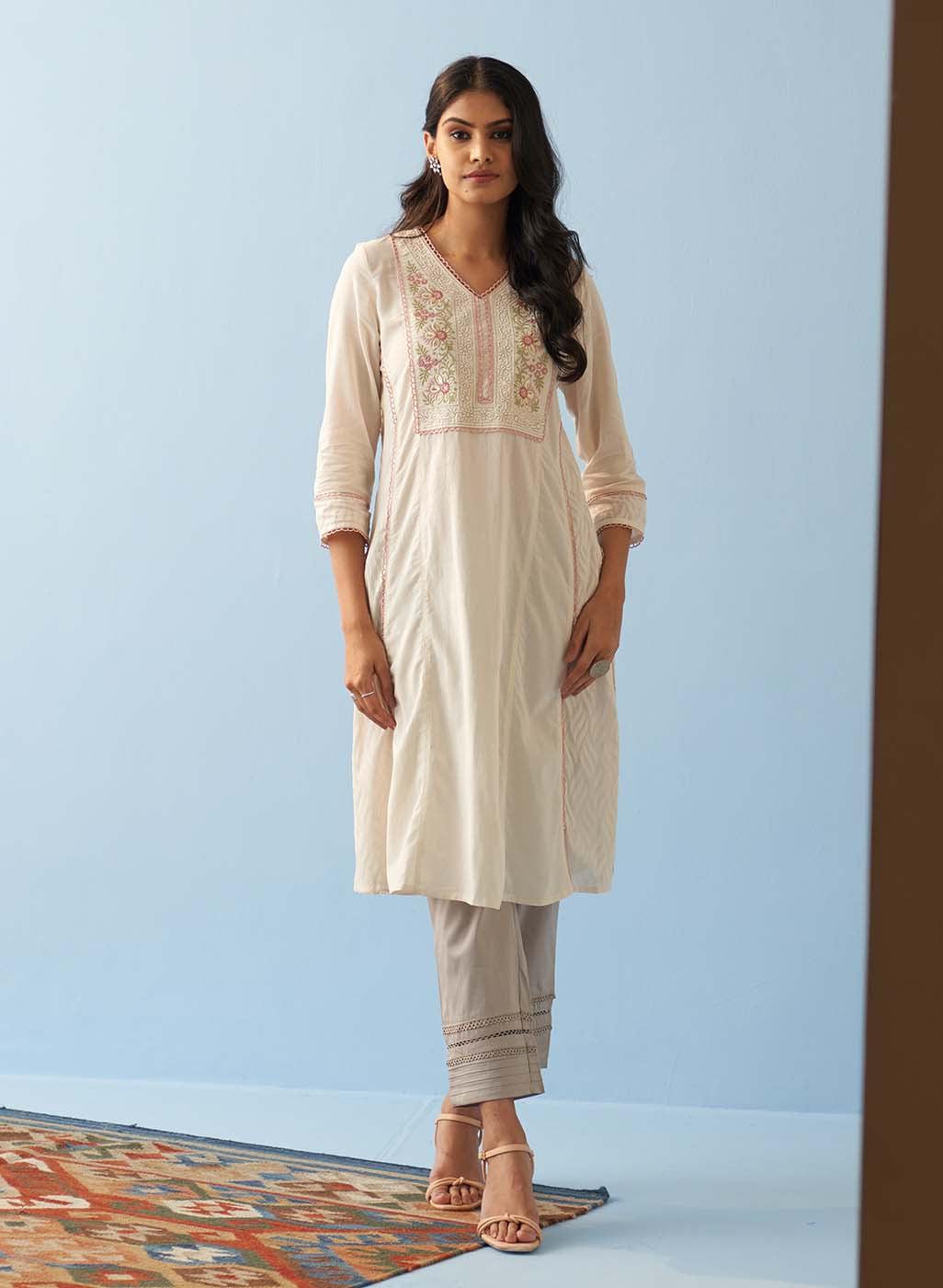 Ivory Long Flared Embroidered A-line Kurta - Lakshita