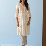 Ivory Long Flared Embroidered A-line Kurta - Lakshita